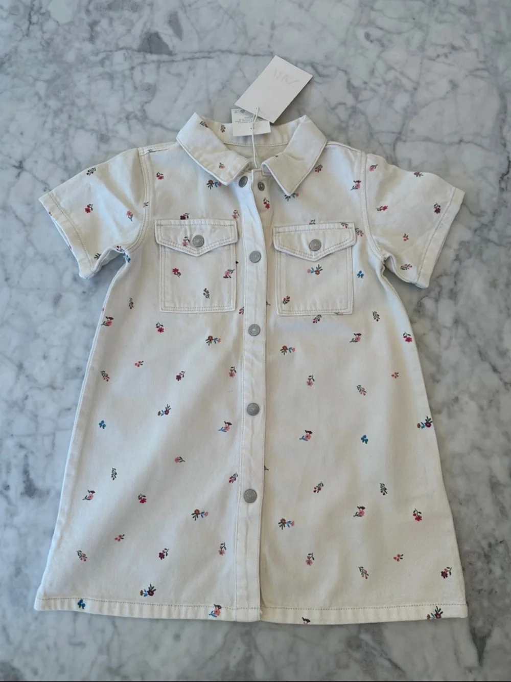 NWT ZARA Ivory Short-Sleeve Button Front Dress with Tiny Floral Embroidery 4Y